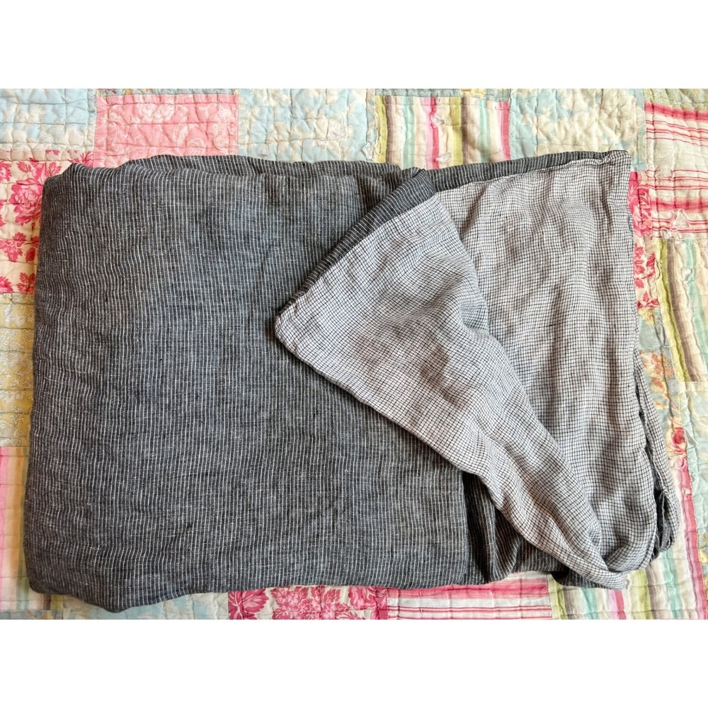 Crate & Barrel Aire Natural Hemp‎ Ink Black Reverse Grid Twin Duvet Cover